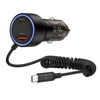 Зарядно с кабел за автомобил с USB-A / USB-C 60W от Tech Protect CC05 - Черно