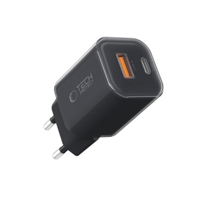 Мрежово зарядно устройство с 2 порта от Tech-Protect NC 33W Power Delivery и Quick Charge 3.0 - Черно