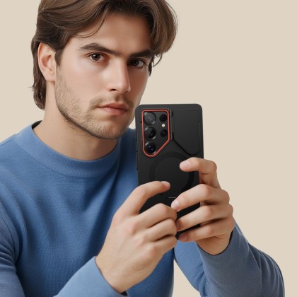 Удароустойчив кейс с MagSafe и капак на камерата за Samsung Galaxy S25 Ultra от Tech Protect Kevlar Aura - Черен / Оранжев