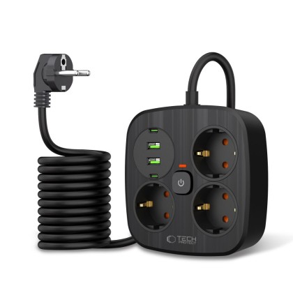 Многофункционален захранващ разклонител с 4 порта и 200 см. кабел от Tech Protect PCS3X4 - Черен