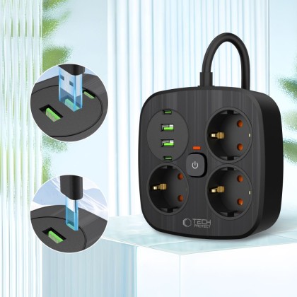Многофункционален захранващ разклонител с 4 порта и 200 см. кабел от Tech Protect PCS3X4 - Черен