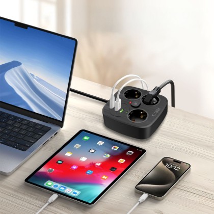 Многофункционален захранващ разклонител с 4 порта и 200 см. кабел от Tech Protect PCS3X4 - Черен