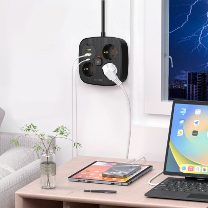 Многофункционален захранващ разклонител с 4 порта и 200 см. кабел от Tech Protect PCS3X4 - Черен