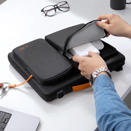 Удароустойчива чанта за лаптоп 15-16 инча с 4 джоба от Tech-Protect Defender Bag - Black / Orange