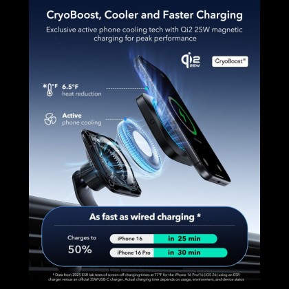 ESR OMNILOCK CRYOBOOST MAGNETIC MAGSAFE VENT CAR MOUNT WIRLESSS CHARGER QI2.2 25W BLACK