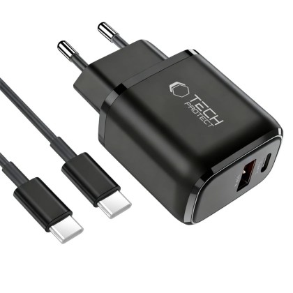 TECH-PROTECT NCA45W-GAN 2-PORT NETWORK CHARGER PD 45W / QC3.0 + TYPE-C CABLE BLACK