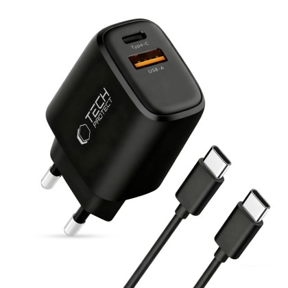 TECH-PROTECT NCA45W-GAN 2-PORT NETWORK CHARGER PD 45W / QC3.0 + TYPE-C CABLE BLACK