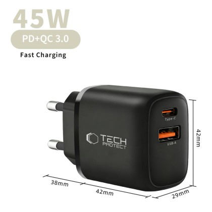 TECH-PROTECT NCA45W-GAN 2-PORT NETWORK CHARGER PD 45W / QC3.0 + TYPE-C CABLE BLACK