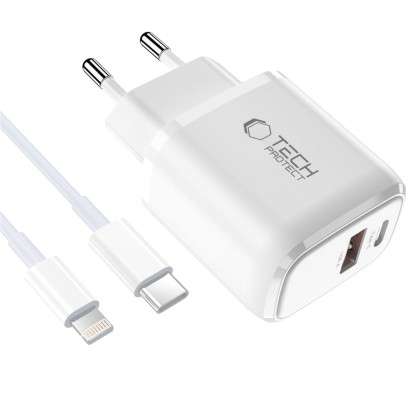 TECH-PROTECT NCA45W-GAN 2-PORT NETWORK CHARGER PD 45W / QC3.0 + LIGHTNING CABLE WHITE