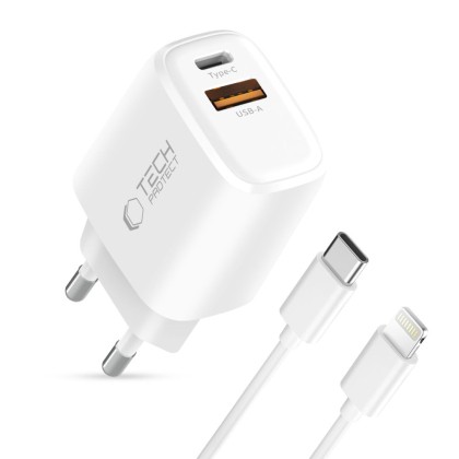 TECH-PROTECT NCA45W-GAN 2-PORT NETWORK CHARGER PD 45W / QC3.0 + LIGHTNING CABLE WHITE