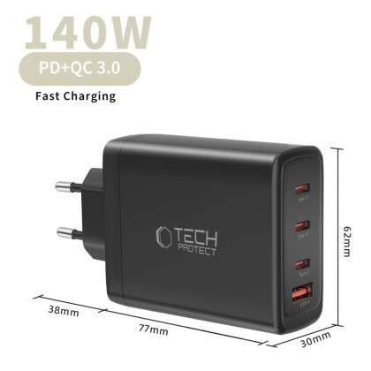 TECH-PROTECT NC140W-GAN 4-PORT NETWORK CHARGER PD 140W / QC3.0 BLACK