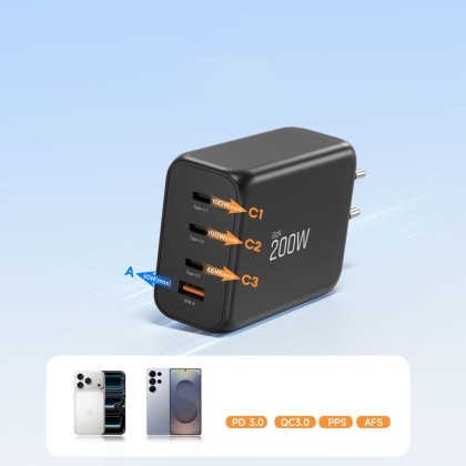 TECH-PROTECT NC200W-GAN 4-PORT NETWORK CHARGER PD 200W / QC3.0 BLACK