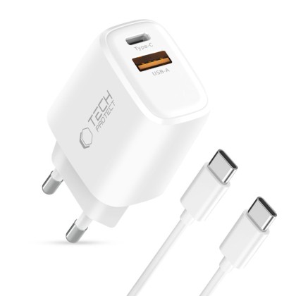 TECH-PROTECT NCA45W-GAN 2-PORT NETWORK CHARGER PD 45W / QC3.0 + TYPE-C CABLE WHITE