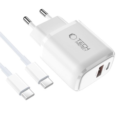 TECH-PROTECT NCA45W-GAN 2-PORT NETWORK CHARGER PD 45W / QC3.0 + TYPE-C CABLE WHITE