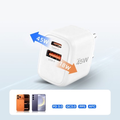 TECH-PROTECT NCA45W-GAN 2-PORT NETWORK CHARGER PD 45W / QC3.0 + TYPE-C CABLE WHITE
