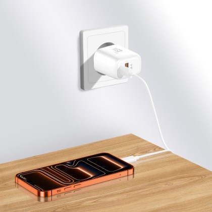 TECH-PROTECT NCA45W-GAN 2-PORT NETWORK CHARGER PD 45W / QC3.0 + TYPE-C CABLE WHITE