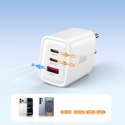 TECH-PROTECT NCA65W-GAN 3-PORT NETWORK CHARGER PD 65W / QC3.0 WHITE