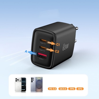 TECH-PROTECT NCA65W-GAN 3-PORT NETWORK CHARGER PD 65W / QC3.0 BLACK