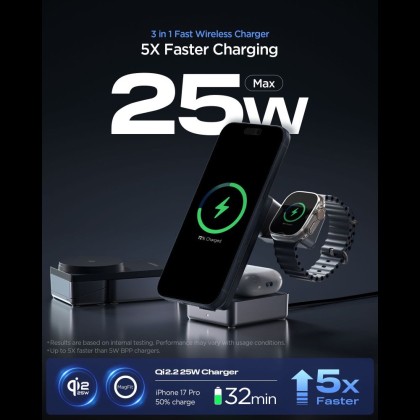 SPIGEN EF323MQ ESSENTIAL 3IN1 MAGNETIC MAGSAFE WIRELESS CHARGER 25W Qi2.2 BLACK