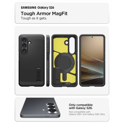 Удароустойчив, твърд кейс с MagSafe за Samsung Galaxy S26 от Spigen Tough Armor Mag - Black
