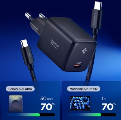 SPIGEN EE451EU ESSENTIAL 1-PORT NETWORK CHARGER 45W + TYPE-C CABLE BLACK