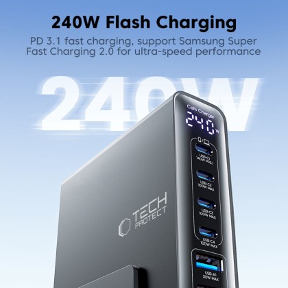 TECH-PROTECT DC240W-GAN 6-PORT DESKTOP CHARGER PD 240W / QC3.0 BLACK