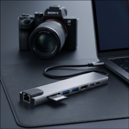 TECH-PROTECT HB09 HUB ADAPTER 8IN1 TYPE-C + USB-A3.0 + USB-C3.0 + HDMI 4K 60HZ + SD/TF + PD100W + RJ45 1000MB/S SPACE GREY