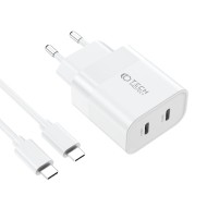 Стенно зарядно с два порта и кабел USB-C / USB-C 20W от Tech Protect C20W - Бяло