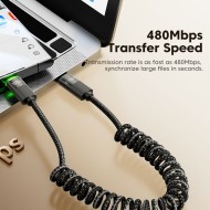 Пружинен кабел USB-C / USB-C 5A и PD100W 180см. oт Tech Protect UB20T - Черен