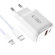 TECH-PROTECT NCA45W-GAN 2-PORT NETWORK CHARGER PD 45W / QC3.0 + LIGHTNING CABLE WHITE